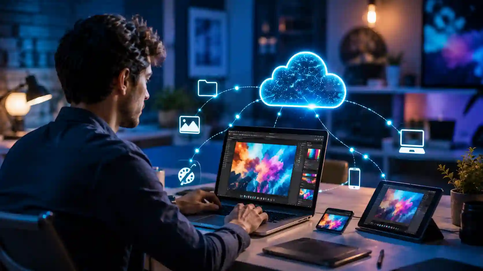 Creative Cloud — a designer working with cloud-based creative tools across connected devices