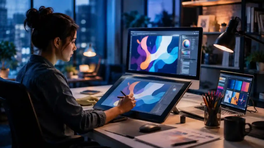 Design and technology — a designer working with a graphics tablet and digital design tools
