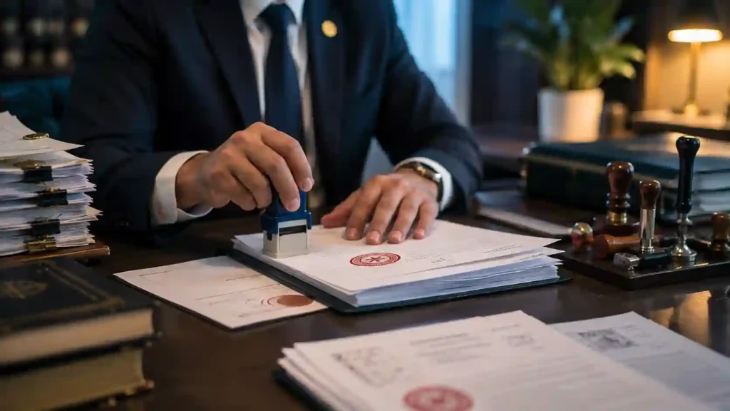 Document attestation — official documents with stamps and seals being verified