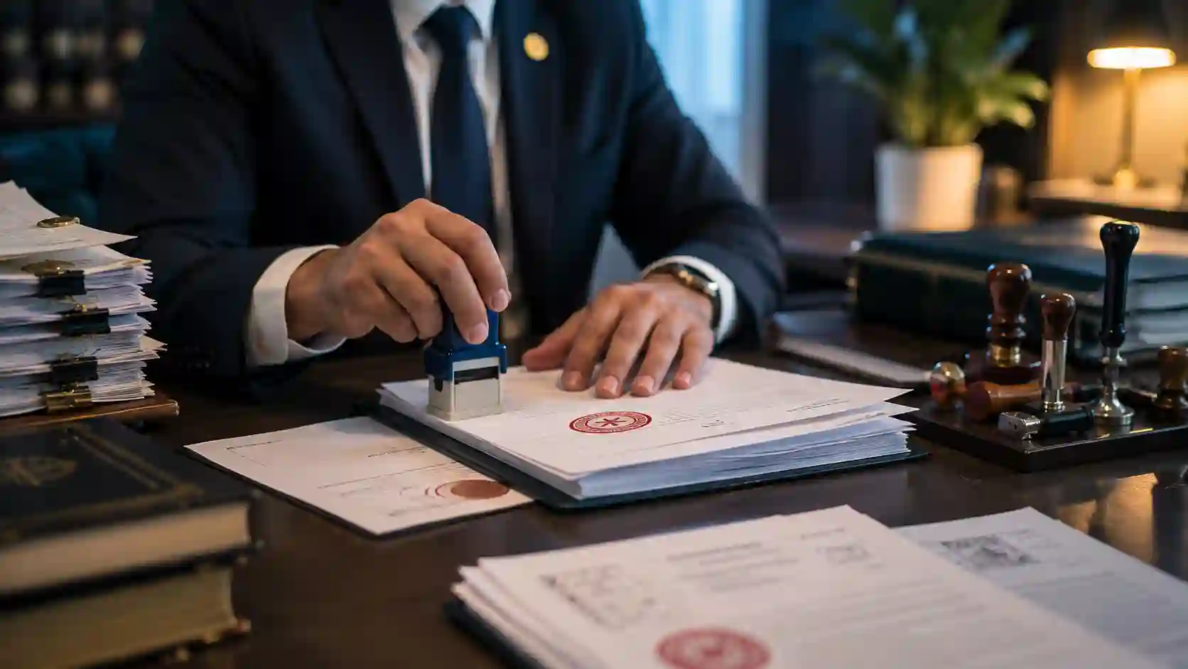 Document attestation — official documents with stamps and seals being verified