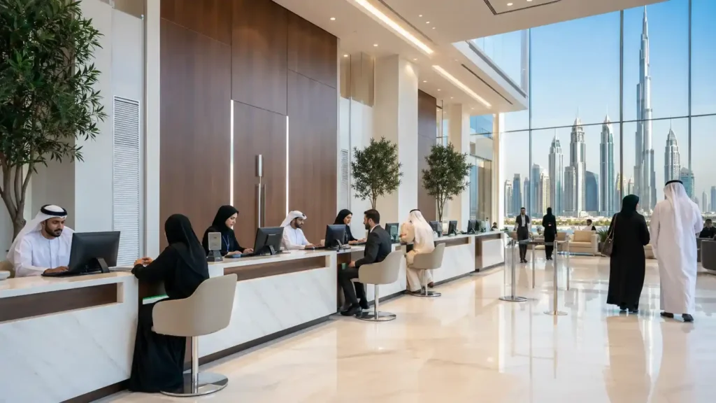 Dubai immigration — a modern UAE immigration office with service counters