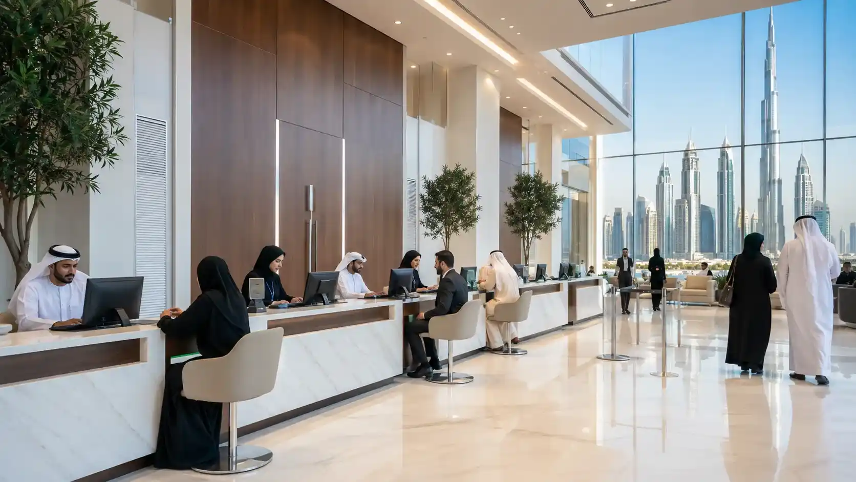 Dubai immigration — a modern UAE immigration office with service counters