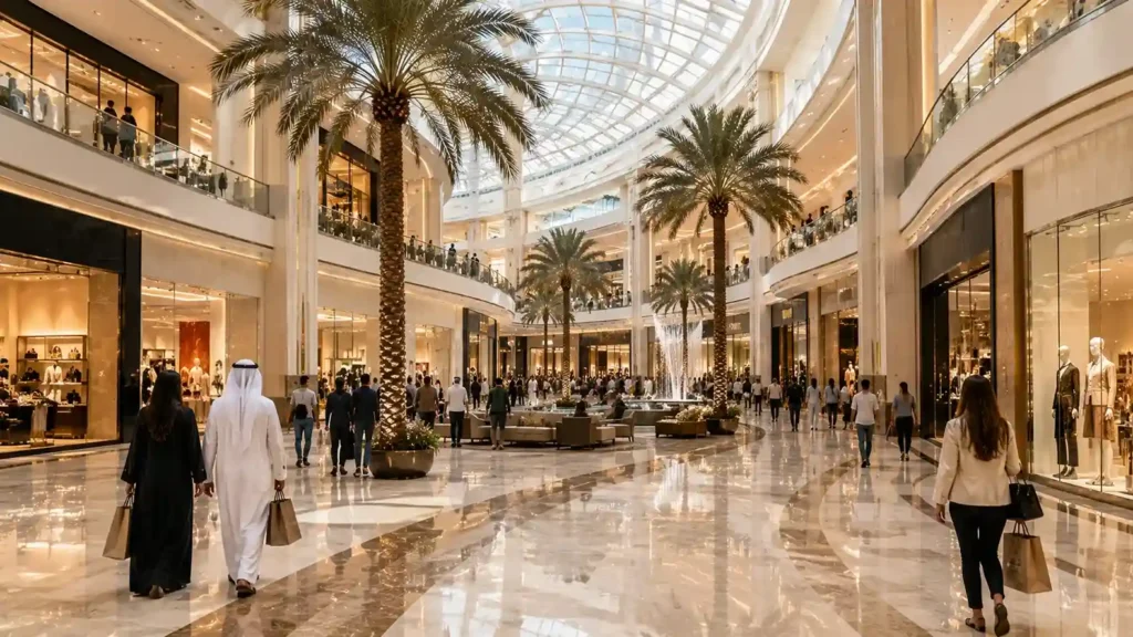 Dubai shopping — a luxurious modern shopping mall interior with elegant stores