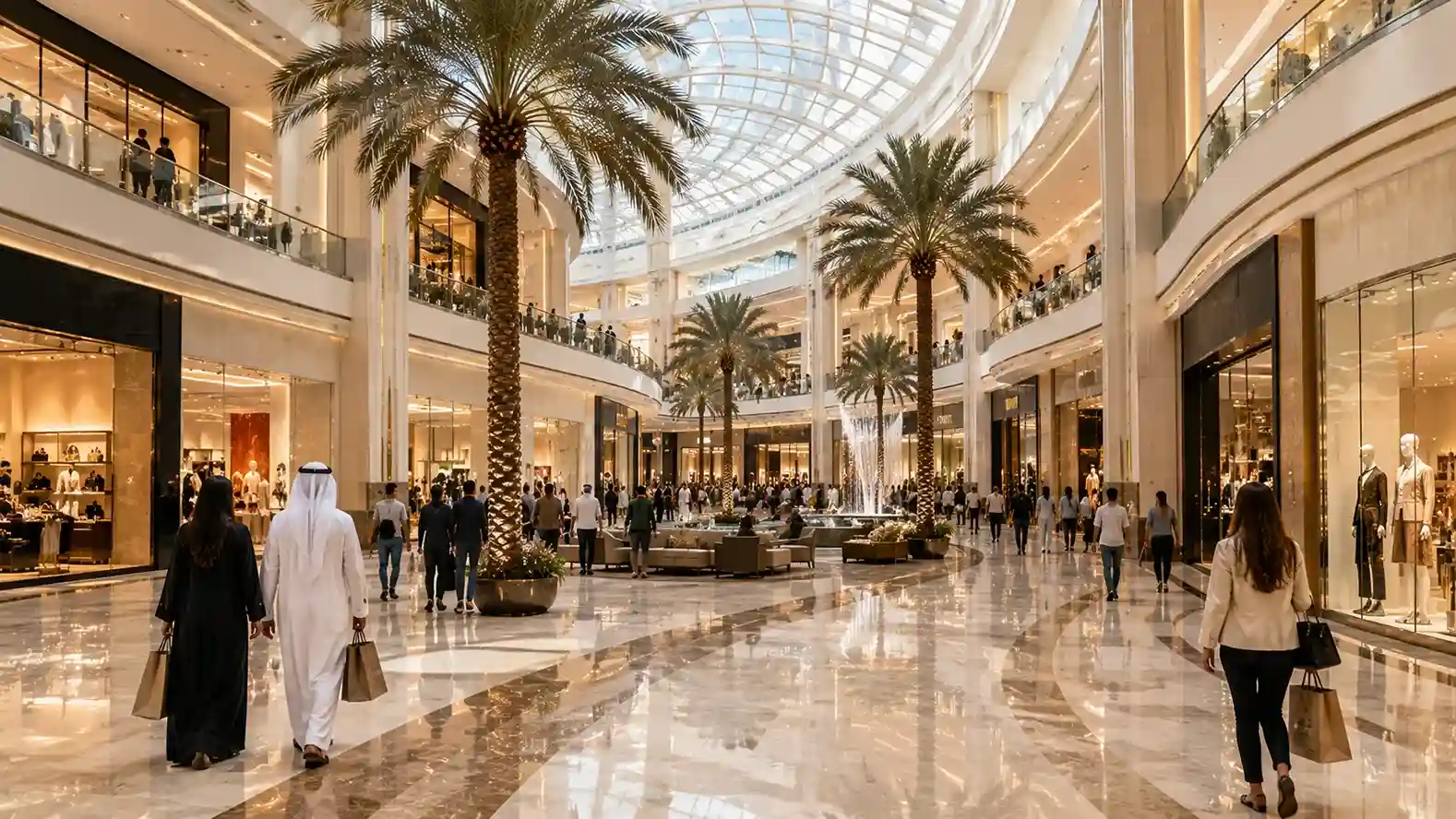 Dubai shopping — a luxurious modern shopping mall interior with elegant stores
