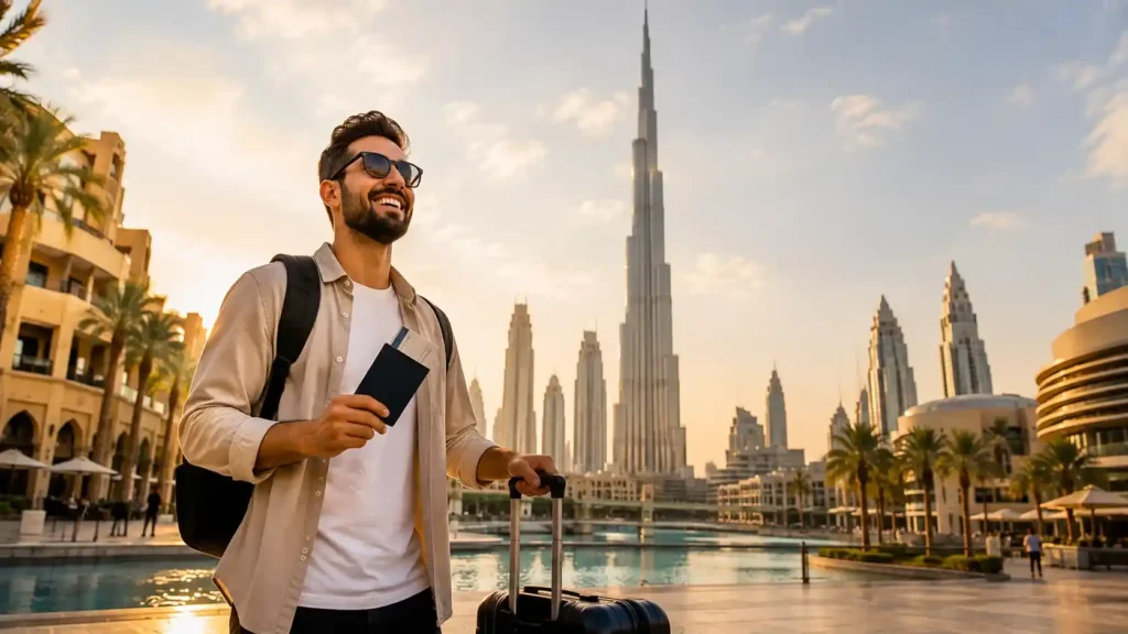 Dubai tourist visa — a happy tourist arriving in Dubai with the skyline behind