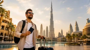 Dubai tourist visa — a happy tourist arriving in Dubai with the skyline behind
