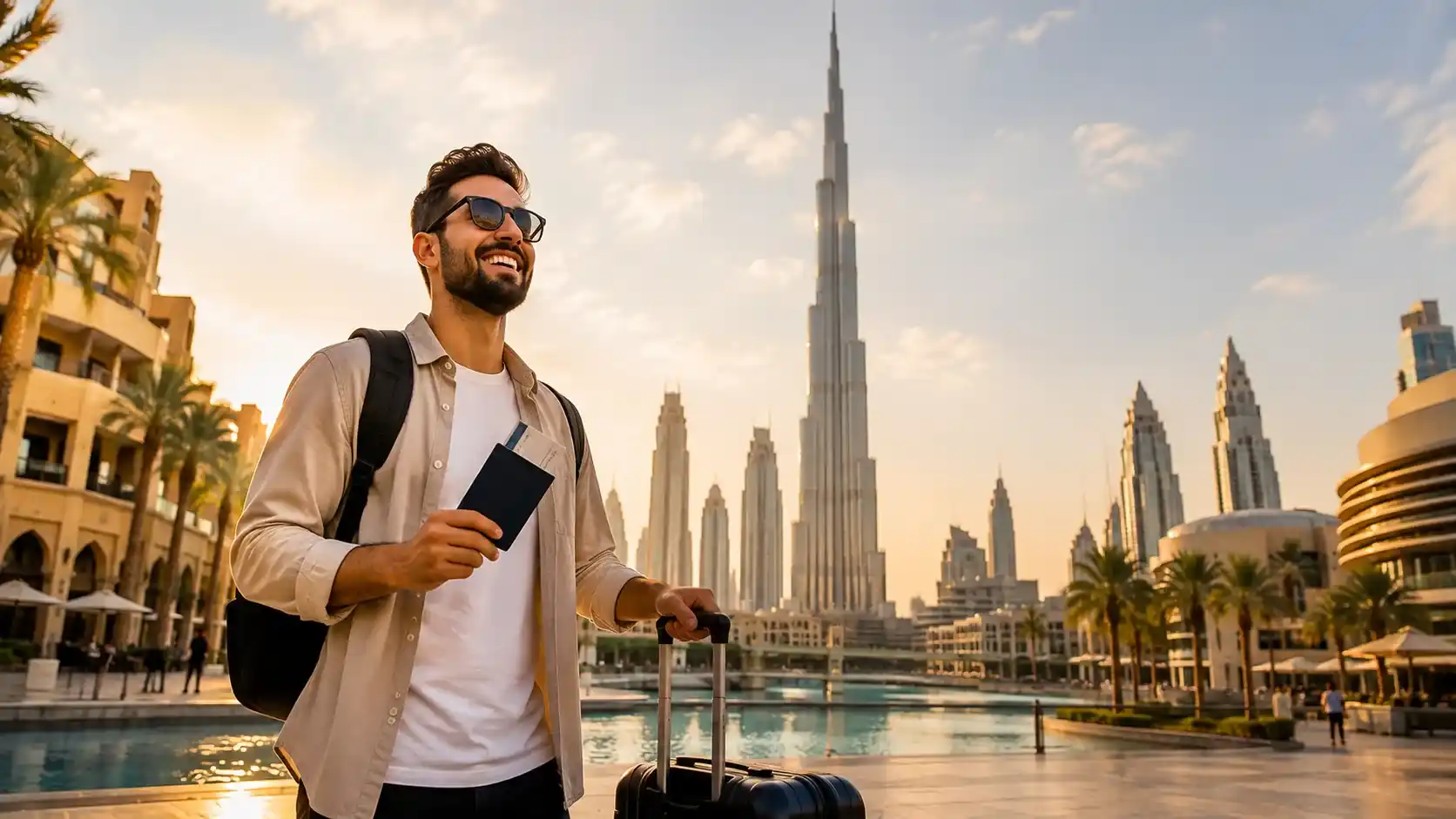 Dubai tourist visa — a happy tourist arriving in Dubai with the skyline behind