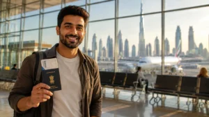 Dubai visa for Indians — an Indian traveler with a passport at Dubai airport