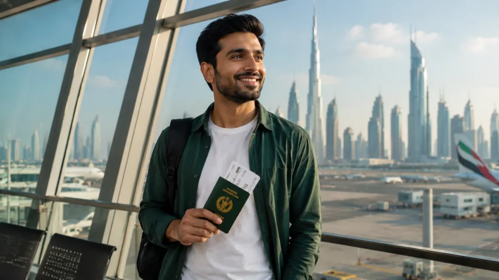 Dubai visa for Pakistani — a Pakistani traveler with a passport at Dubai airport