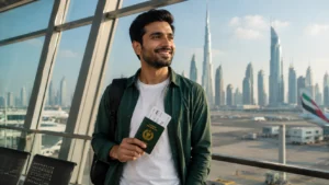 Dubai visa for Pakistani — a Pakistani traveler with a passport at Dubai airport