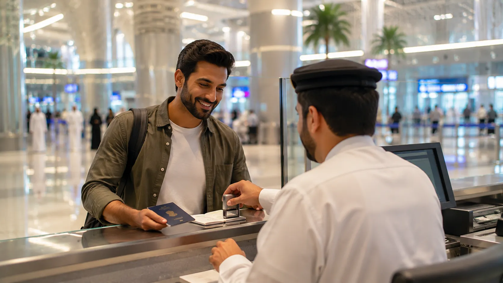 Dubai visa on arrival — a traveler receiving a visa stamp at Dubai airport immigration