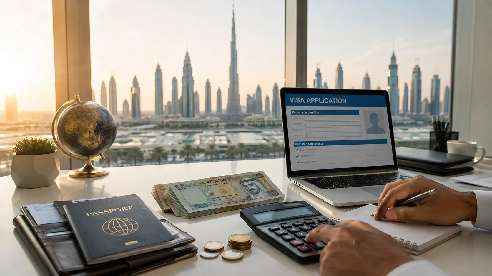 Dubai visit visa price — calculating UAE visa costs with a passport and calculator