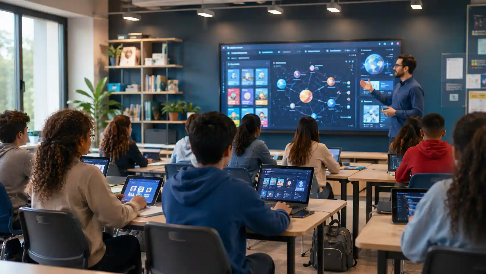 Educational technology — students using laptops and tablets in a modern classroom