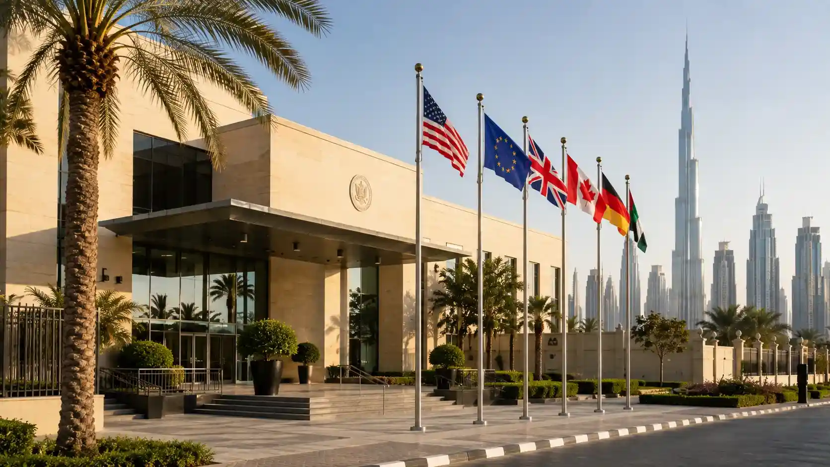 Embassy in Dubai — a dignified embassy building with international flags in the UAE