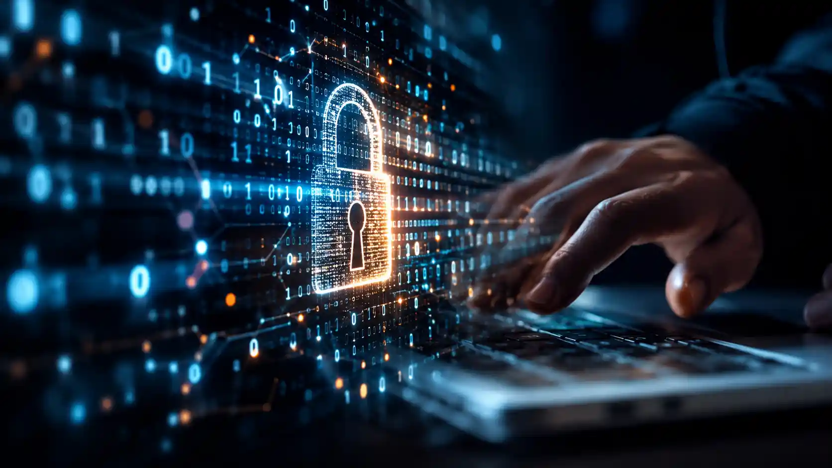 Encryption — a digital padlock over streams of binary code protecting data