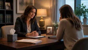 Family lawyer consultation — a lawyer supporting a client in a warm office setting