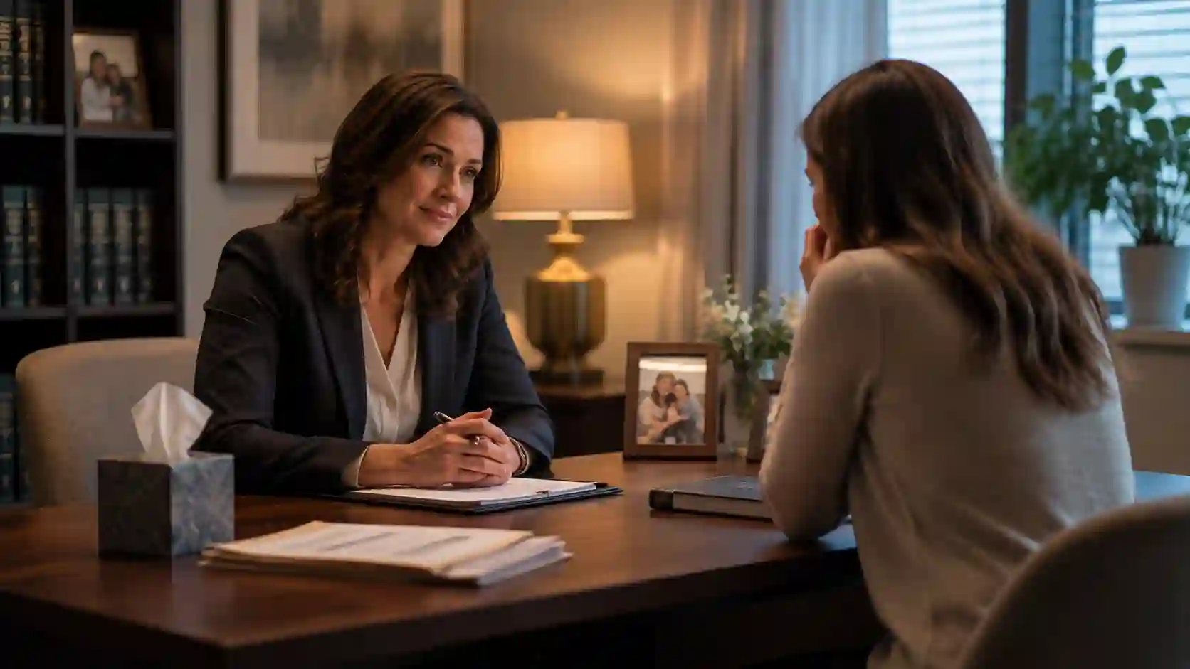 Family lawyer consultation — a lawyer supporting a client in a warm office setting