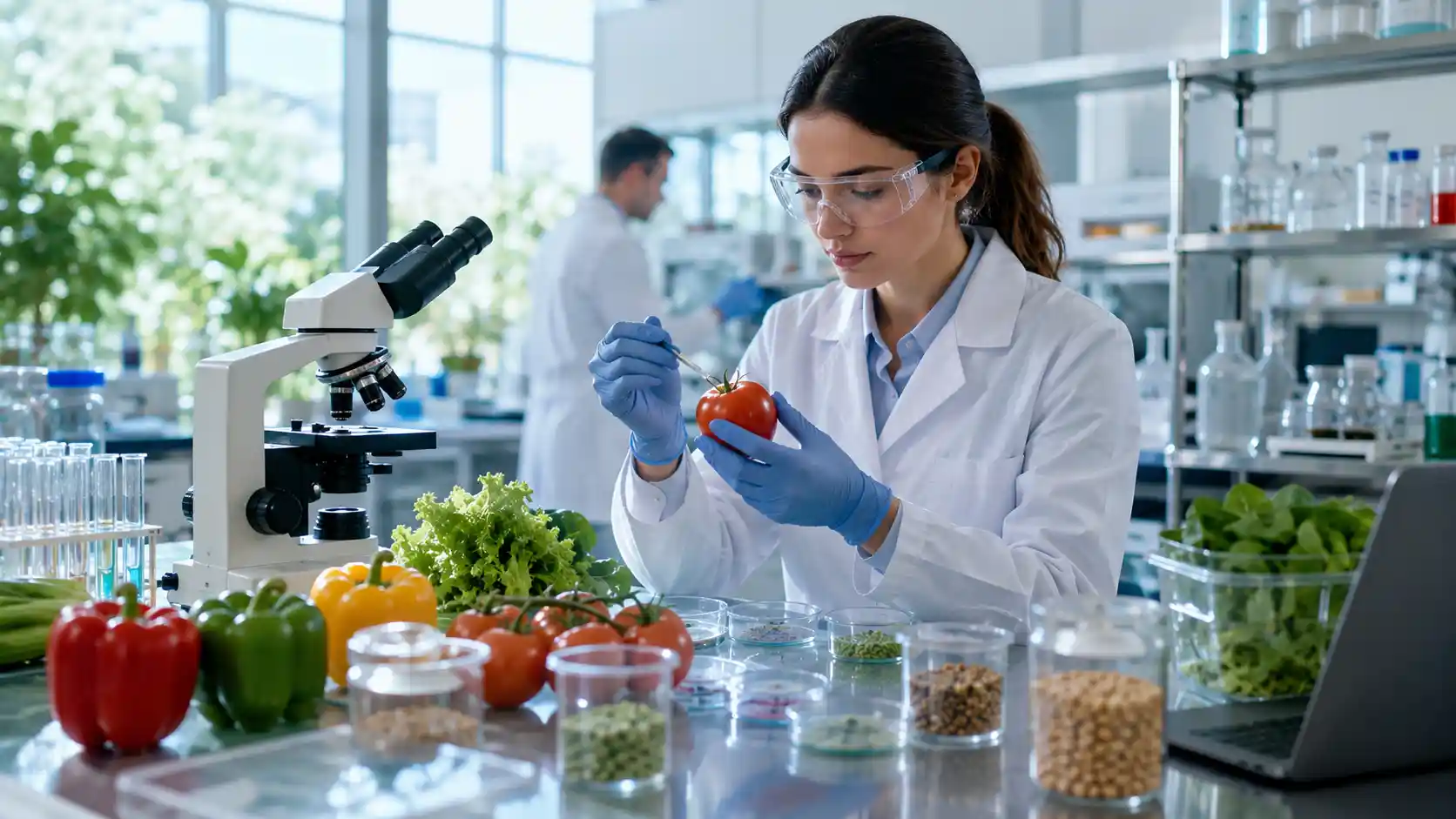 Food technology — a food scientist examining fresh produce and samples in a lab