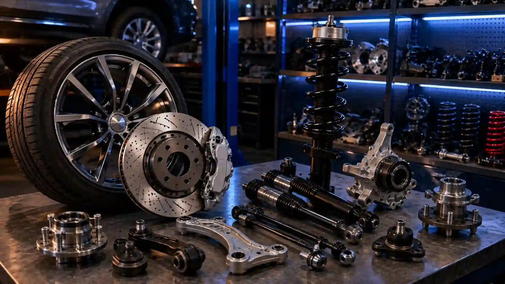 Car wheel, brake, and suspension components displayed in a workshop, including the wheel bearing
