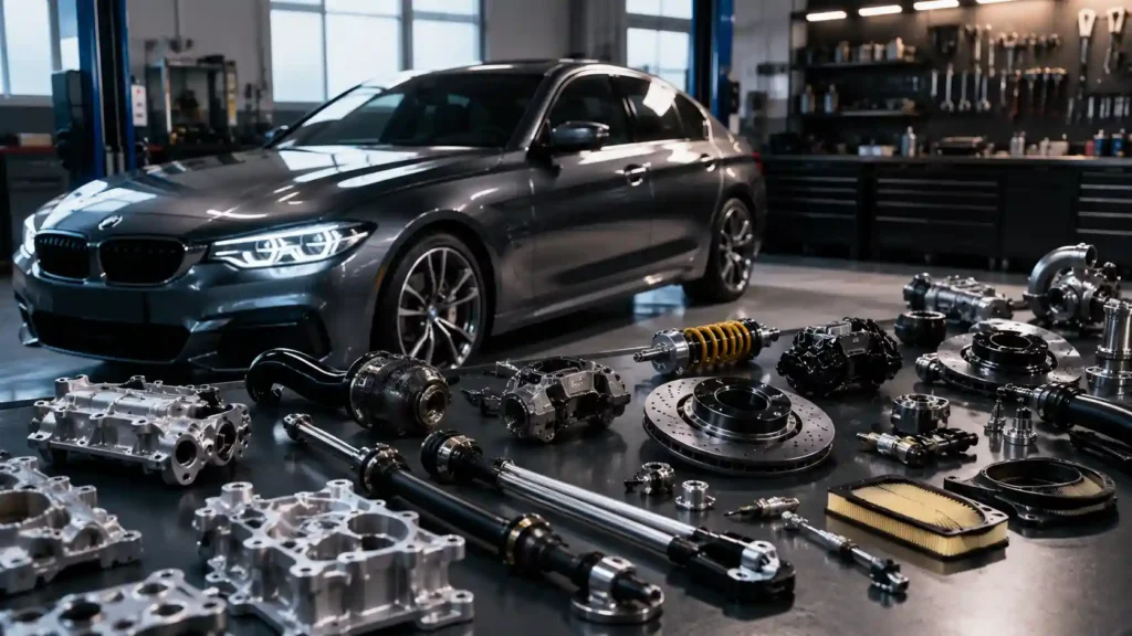 German car parts — precision automotive components with a premium car in a workshop