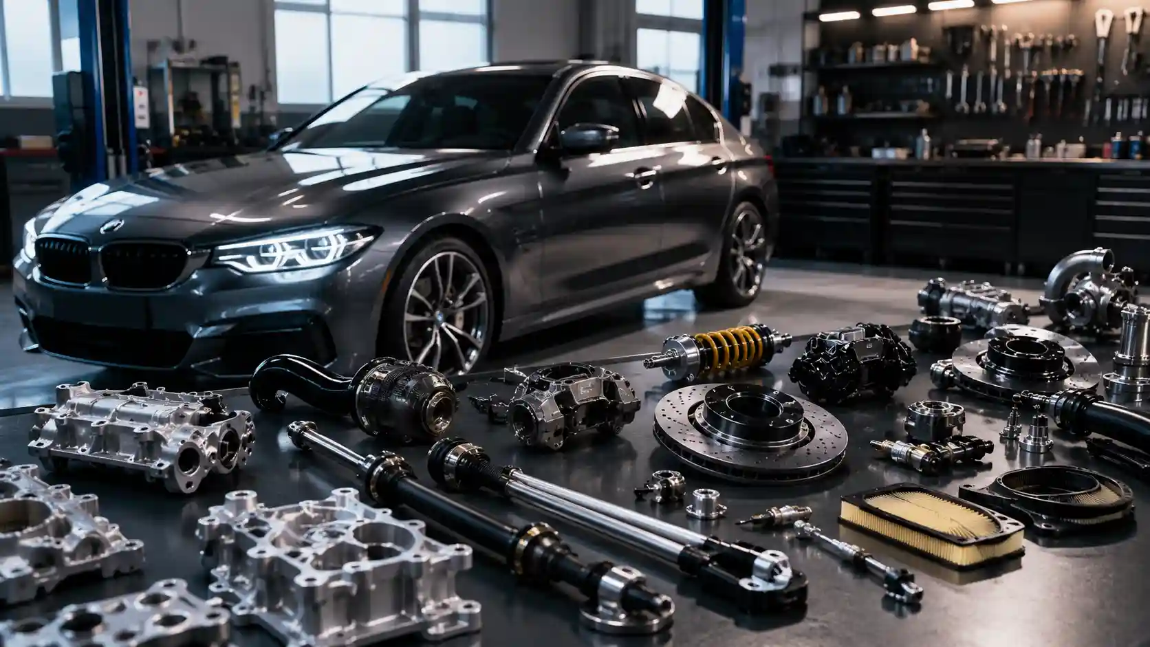 German car parts — precision automotive components with a premium car in a workshop