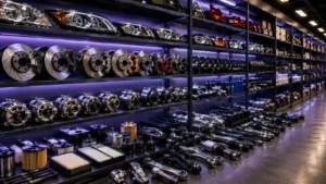 Various automotive parts and components for different car brands arranged on shelves