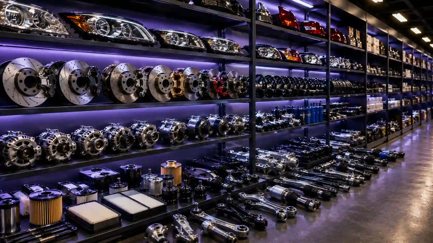 Various automotive parts and components for different car brands arranged on shelves