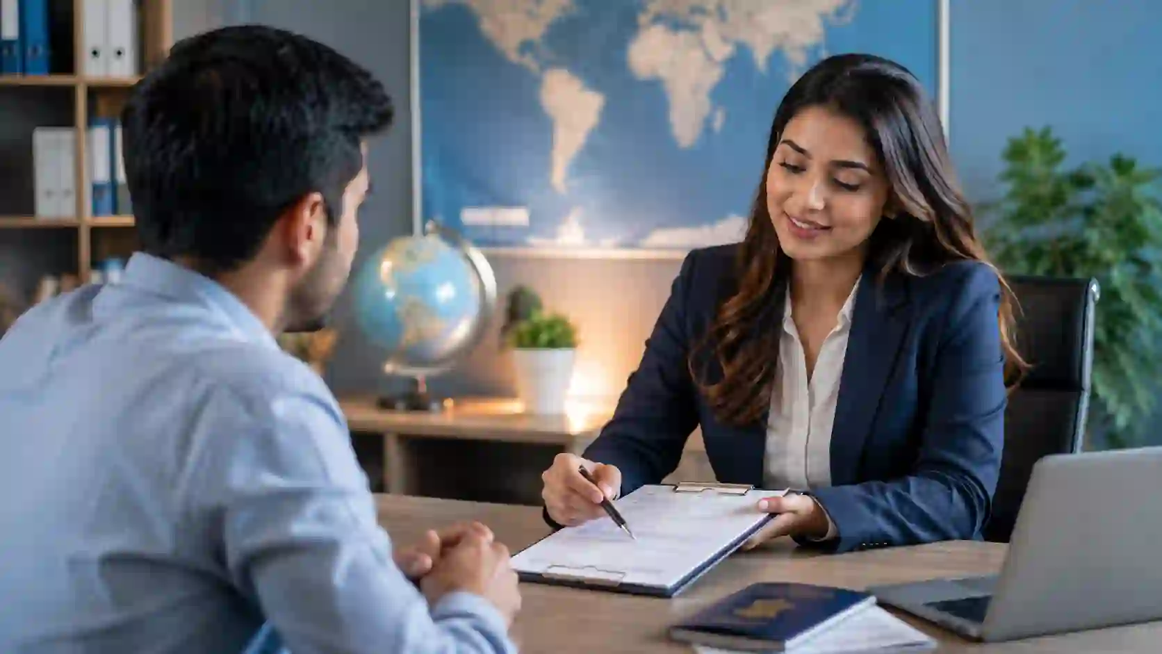 Immigration consultation — a consultant helping a client with documents and a passport