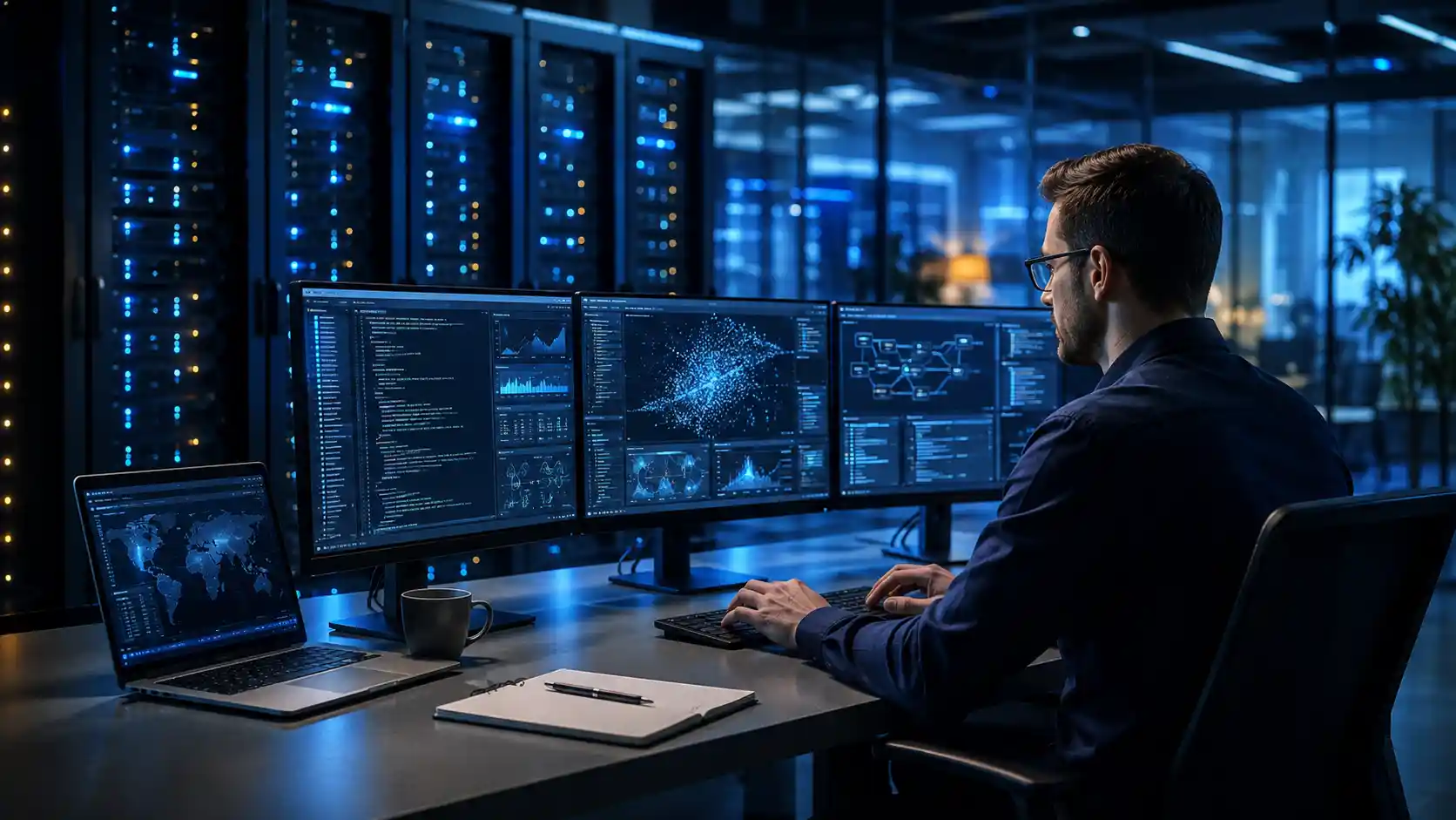Information technology — a modern IT workspace with servers, screens, and a professional