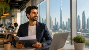 Job seeker visa UAE — a professional exploring career options in Dubai with a laptop