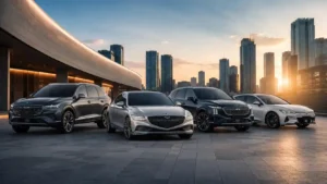 Korean cars — modern sleek sedans and SUVs in a clean urban setting