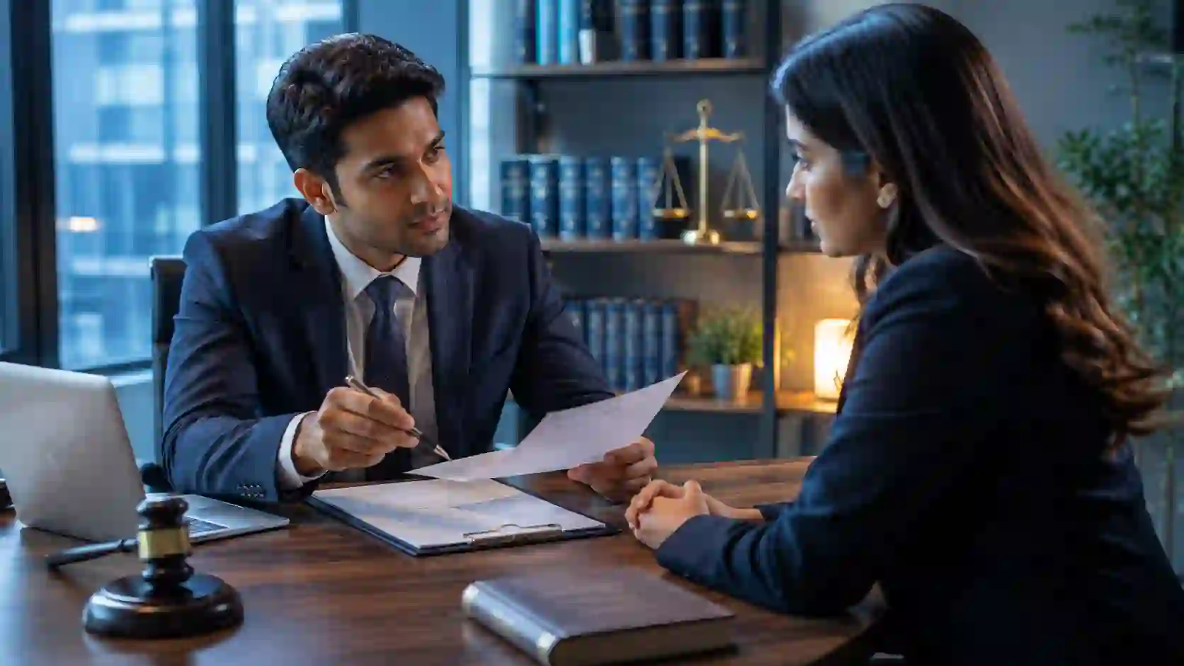 Labour law consultation — a lawyer and client discussing an employment contract