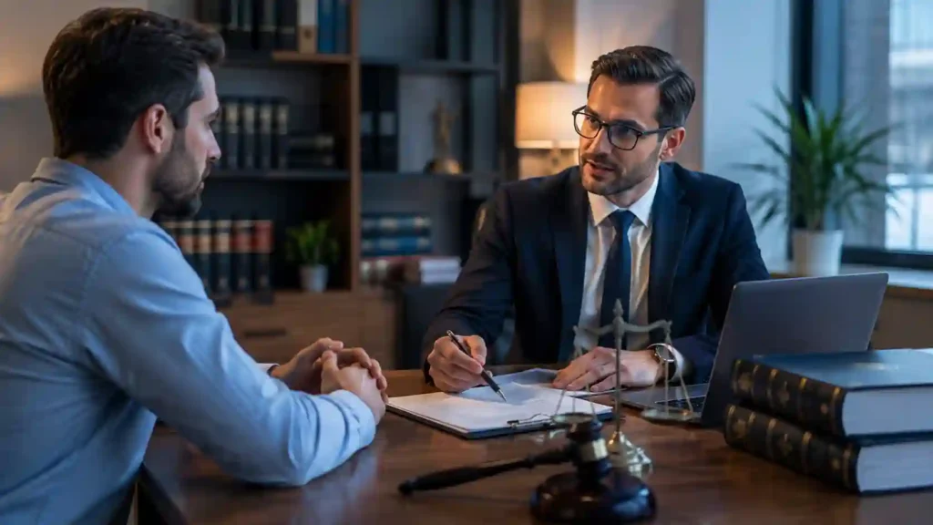 Legal advice consultation — a lawyer and client discussing documents in an office