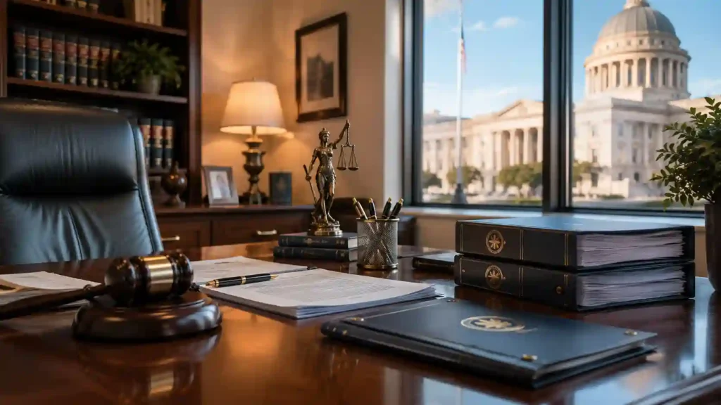 Legal and government services — a formal office desk with legal documents and official folders