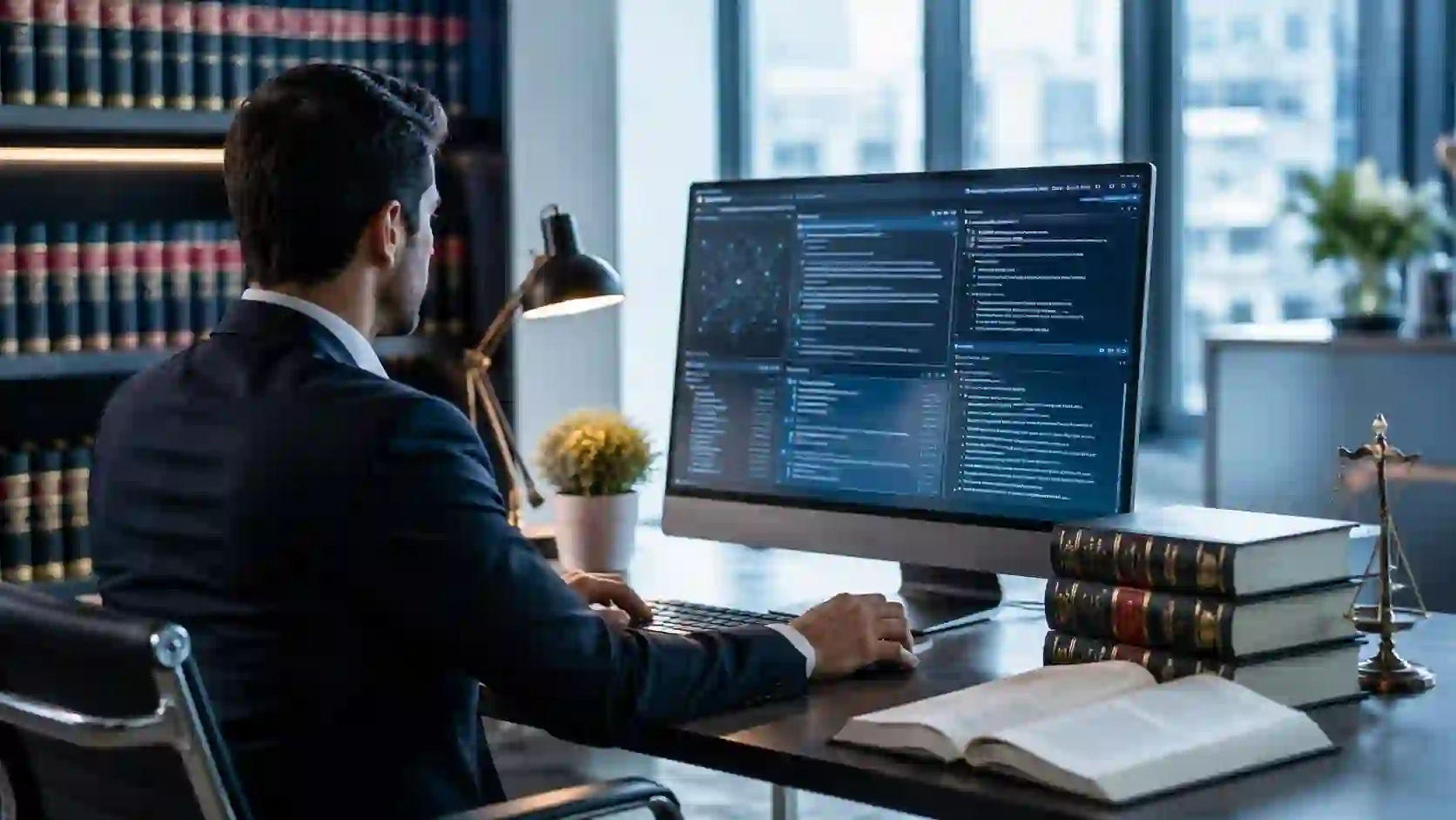Legal research with legal databases on a computer screen alongside law books