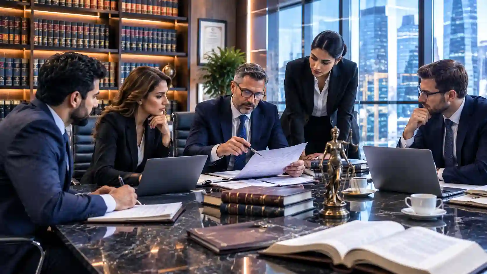 Legal services — professionals reviewing documents in a modern law firm meeting room