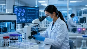 Medical technology — a medical technologist examining samples with advanced lab equipment