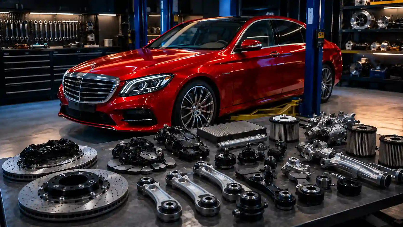 Premium parts and components for a luxury sedan arranged in an elegant workshop