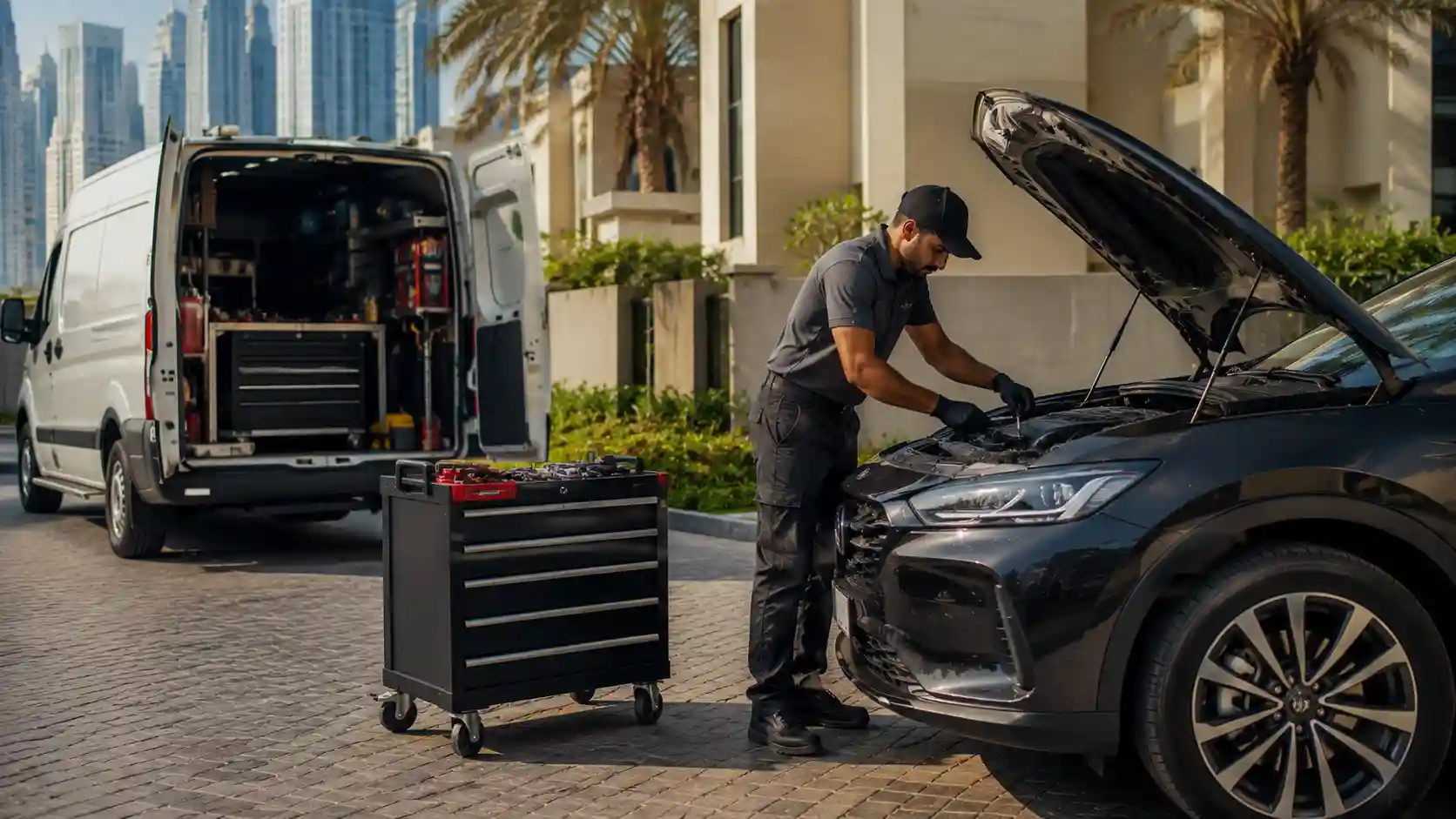 Mobile car mechanic in Abu Dhabi working on a car at an on-location service call