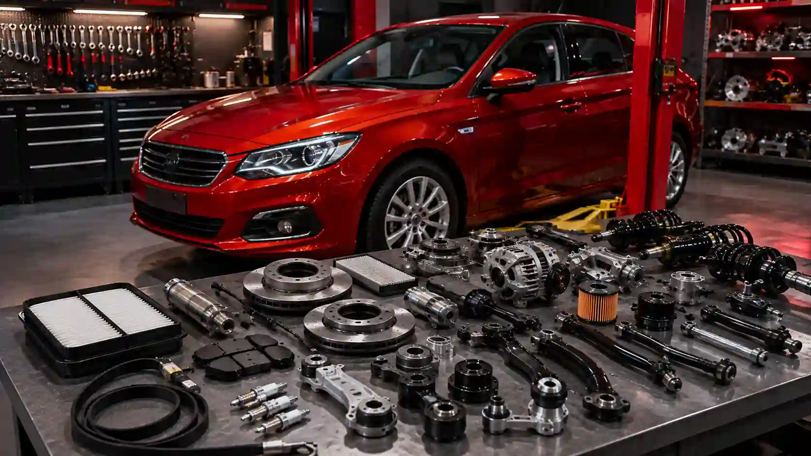 Automotive spare parts and components for a practical family car in a workshop