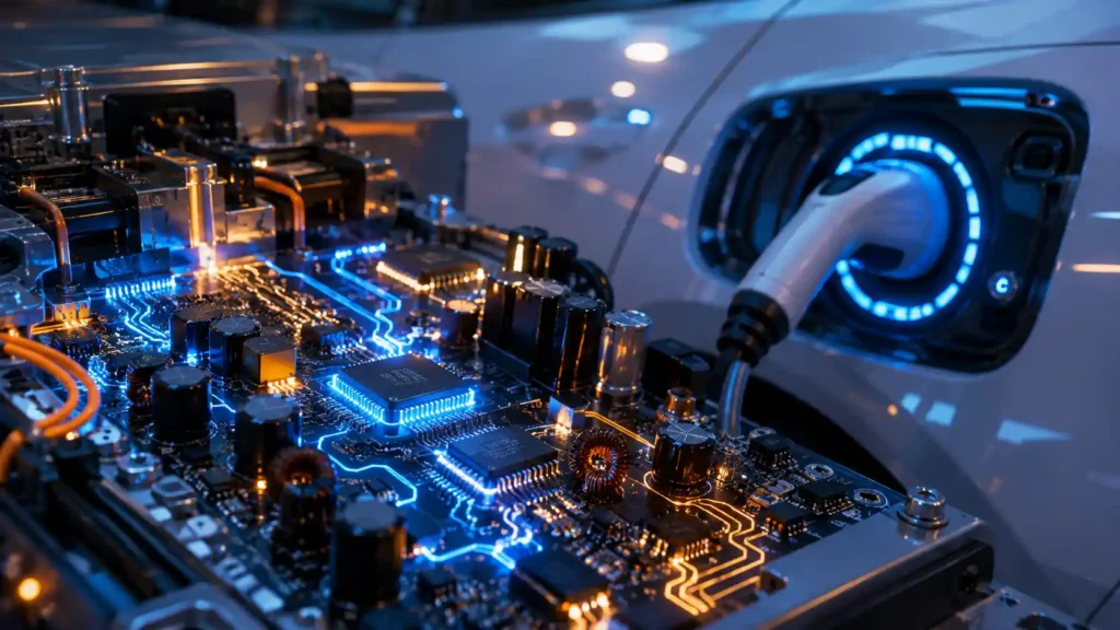Power electronics — a circuit board with power components and glowing energy flow lines