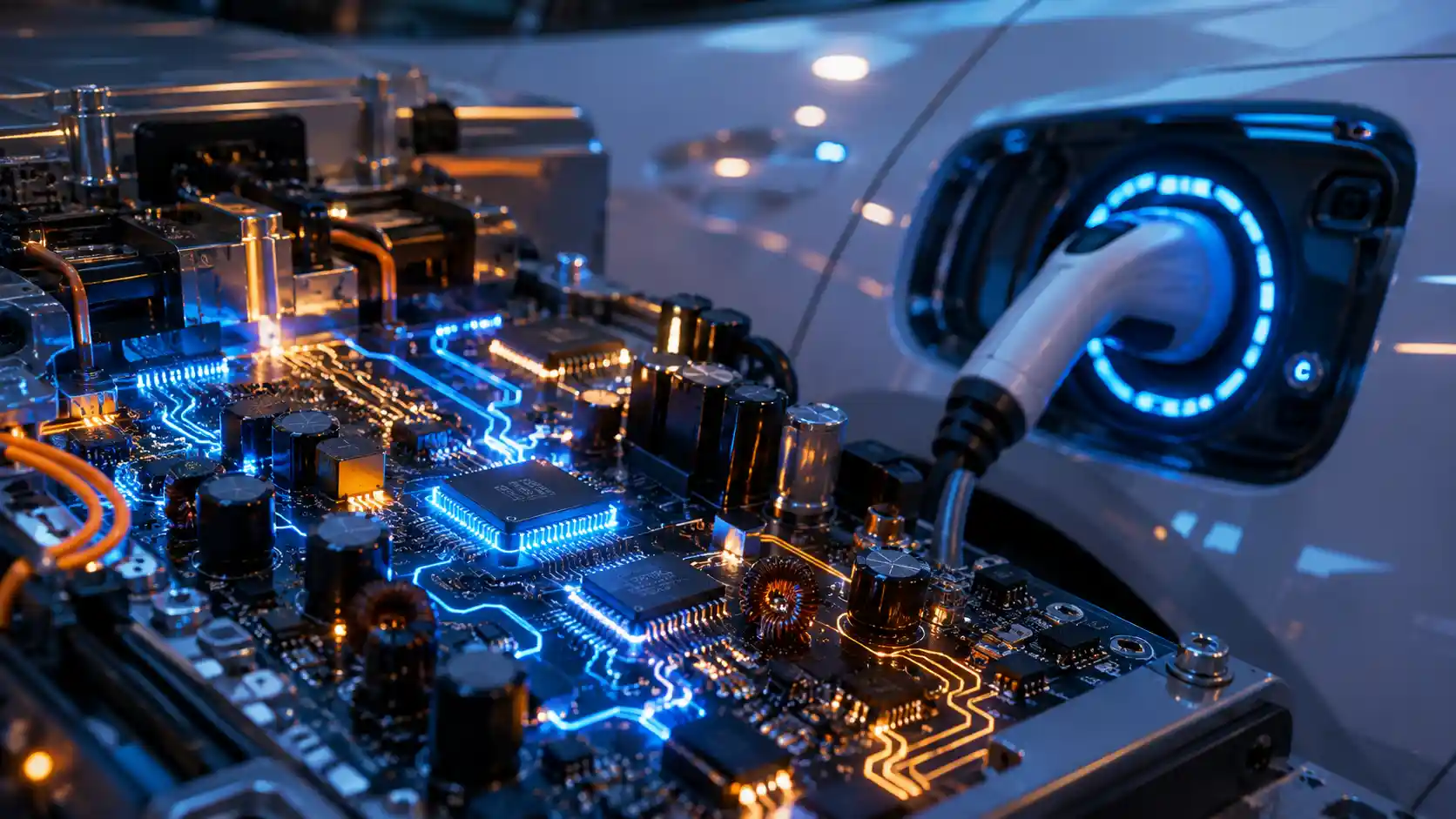 Power electronics — a circuit board with power components and glowing energy flow lines