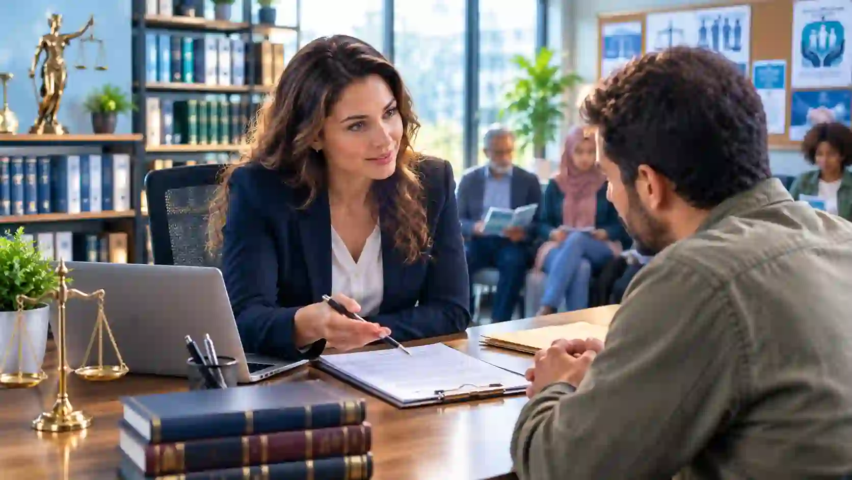 Pro bono legal help — a volunteer lawyer assisting a person at a community legal clinic