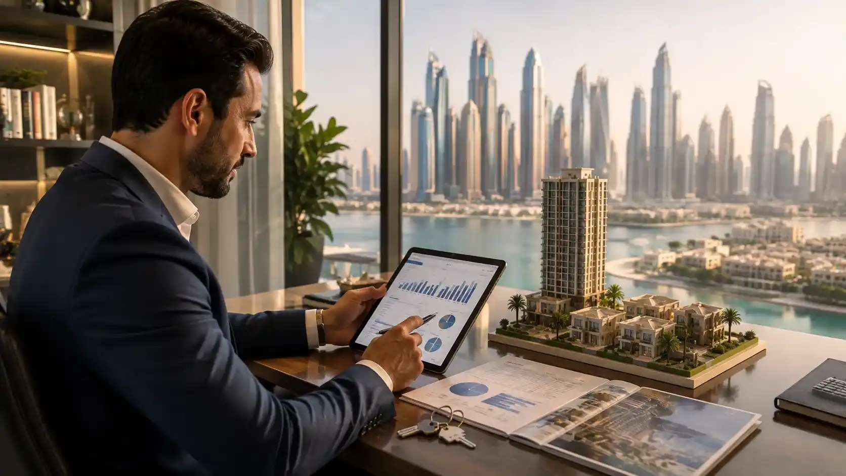 Property investment in Dubai — an investor reviewing property charts with residential towers in the UAE