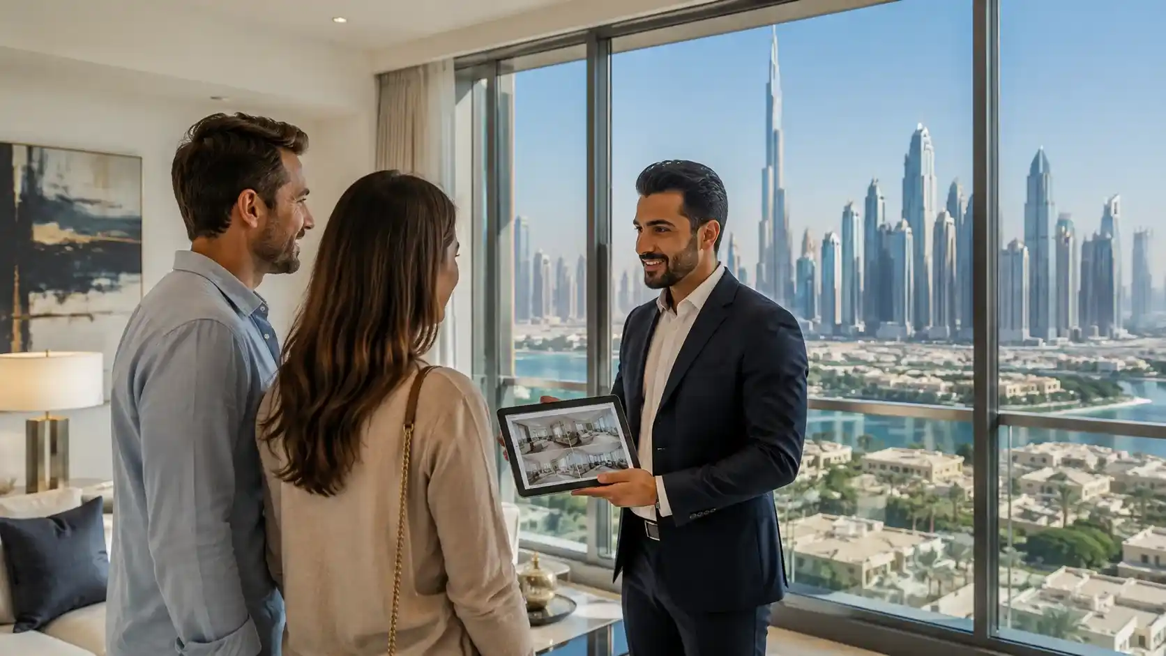 Real estate agents in Dubai — an agent showing a modern property to a couple in the UAE