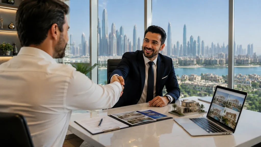 Real estate brokers in Dubai — a broker shaking hands with a client over property documents in the UAE