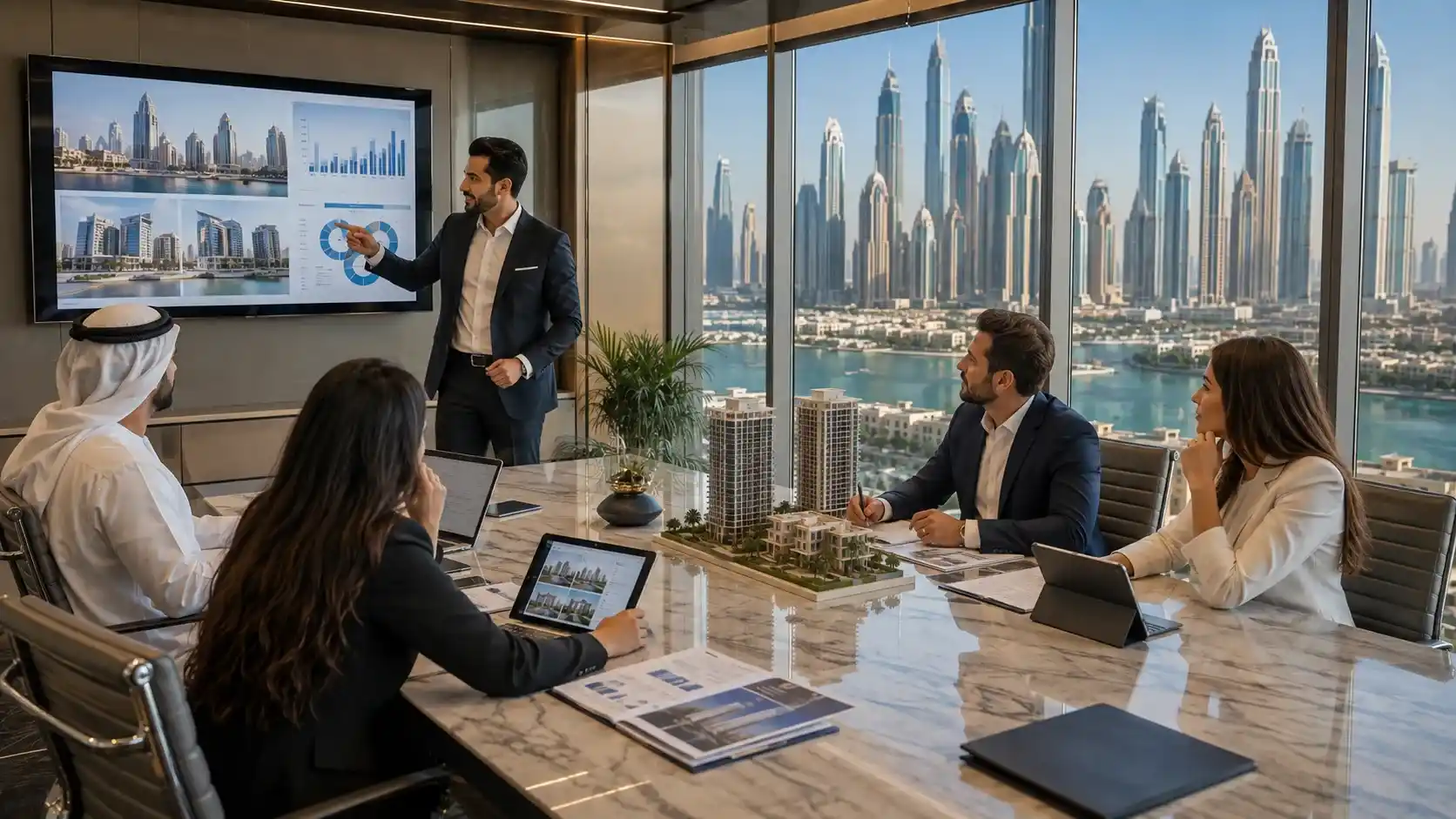 Real estate investment companies in Dubai — an investment team reviewing property portfolios in the UAE