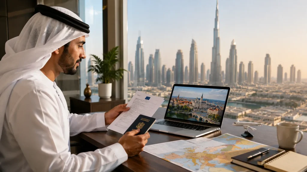 Schengen visa application Dubai — a resident planning a Europe trip with passport and map