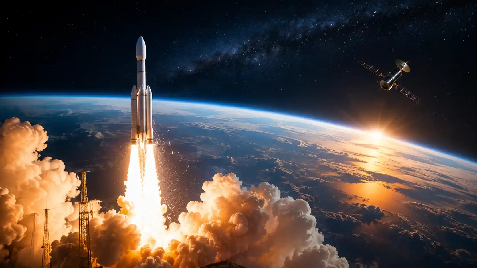 Space technology — a rocket launching with a satellite orbiting Earth
