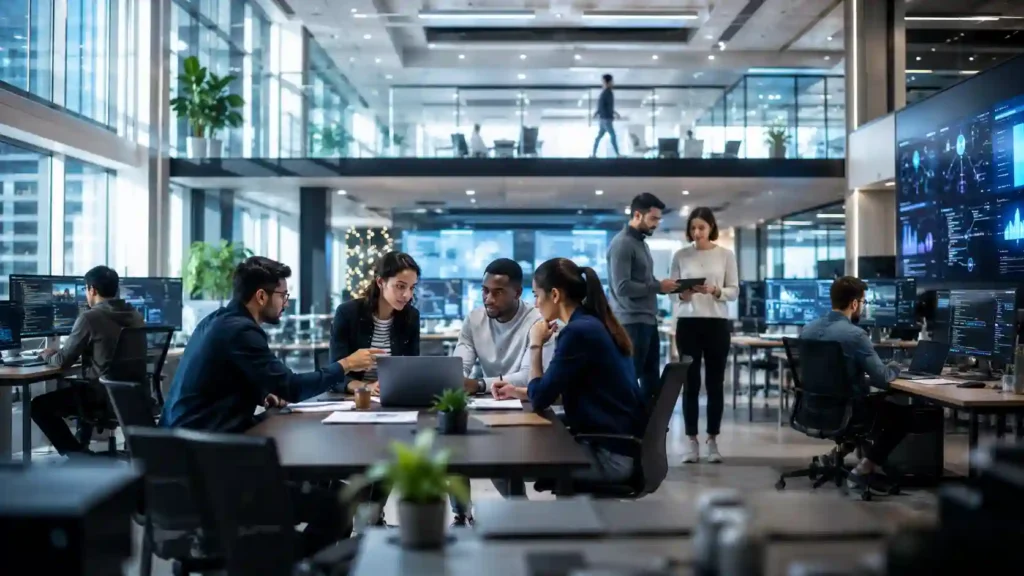 Tech companies — professionals collaborating in a modern technology company office